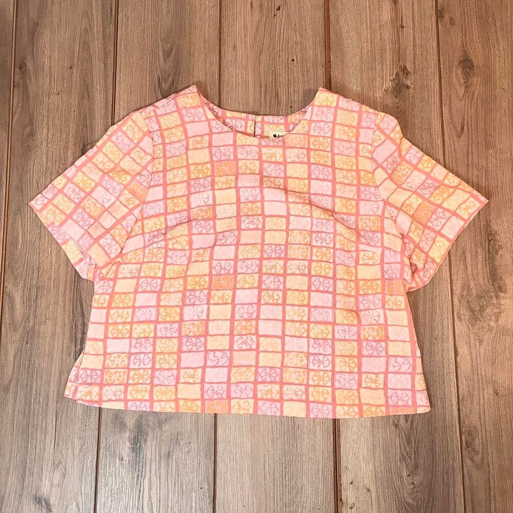 Appleseed's pink & orange checkered blouse with floral motif (18W)